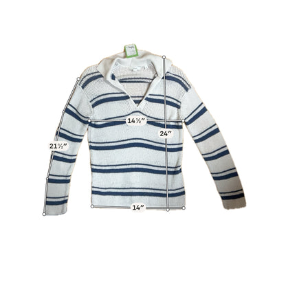 Vince Variegated Stripe Polo Sweater Womens Size Medium Ecru Blue Cotton Knit Top