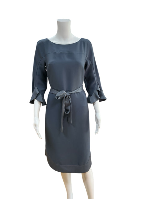 Front view of Banana Republic Blue Solid Pre-Owned Ladies Dress - Size 2 on mannequin, featuring 3/4 petal sleeves and a sash belt.