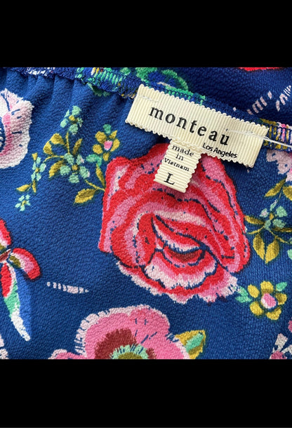 Monteau - Blue/pink Floral Pre-Owned Ladies Casual Top - Size Large