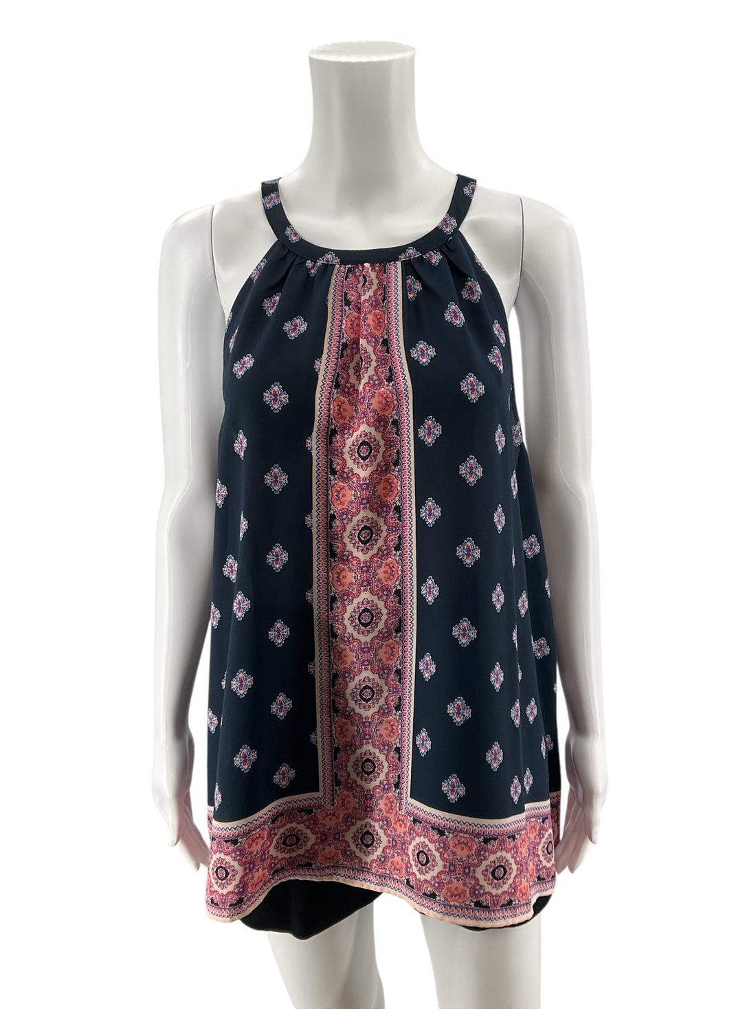 London Times Navy &amp; Pink Medallion Print Halter Top | Size XL