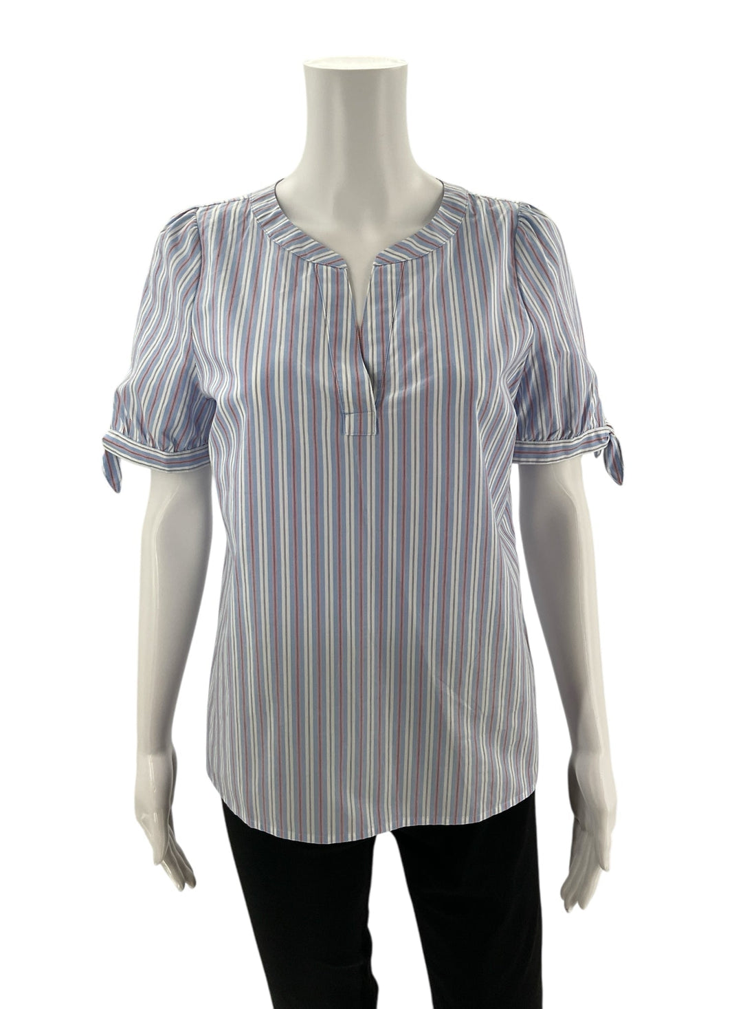 Talbots pre-owned ladies popover blouse in white, blue, and red stripes, size small petite, casual coastal style.