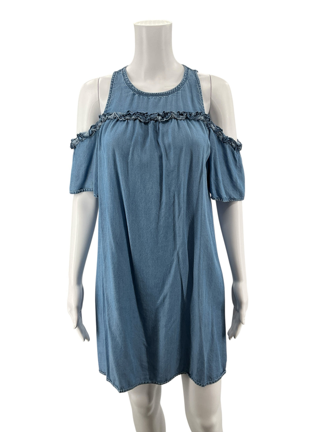 LC Lauren Conrad Blue Shift Chambray Ruffle Cold-Shoulder Dress Size Small - Size S