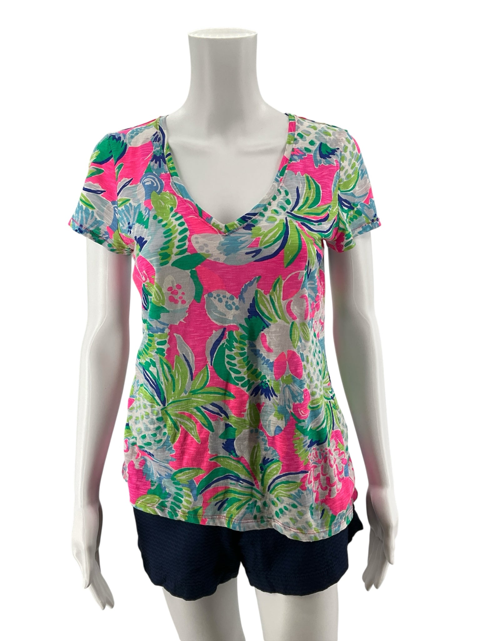 Lilly Pulitzer Margaux V-Neck Tee XS Tropical Floral Print Pre-Owned