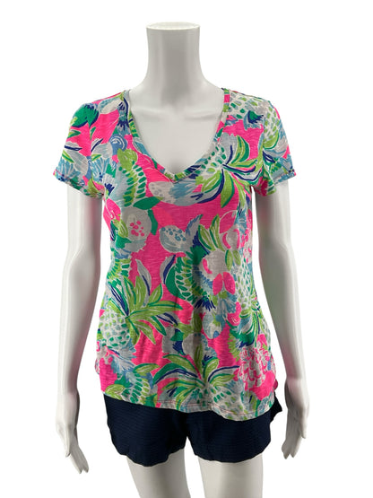 Lilly Pulitzer Margaux V-Neck Tee XS Tropical Floral Print Pre-Owned