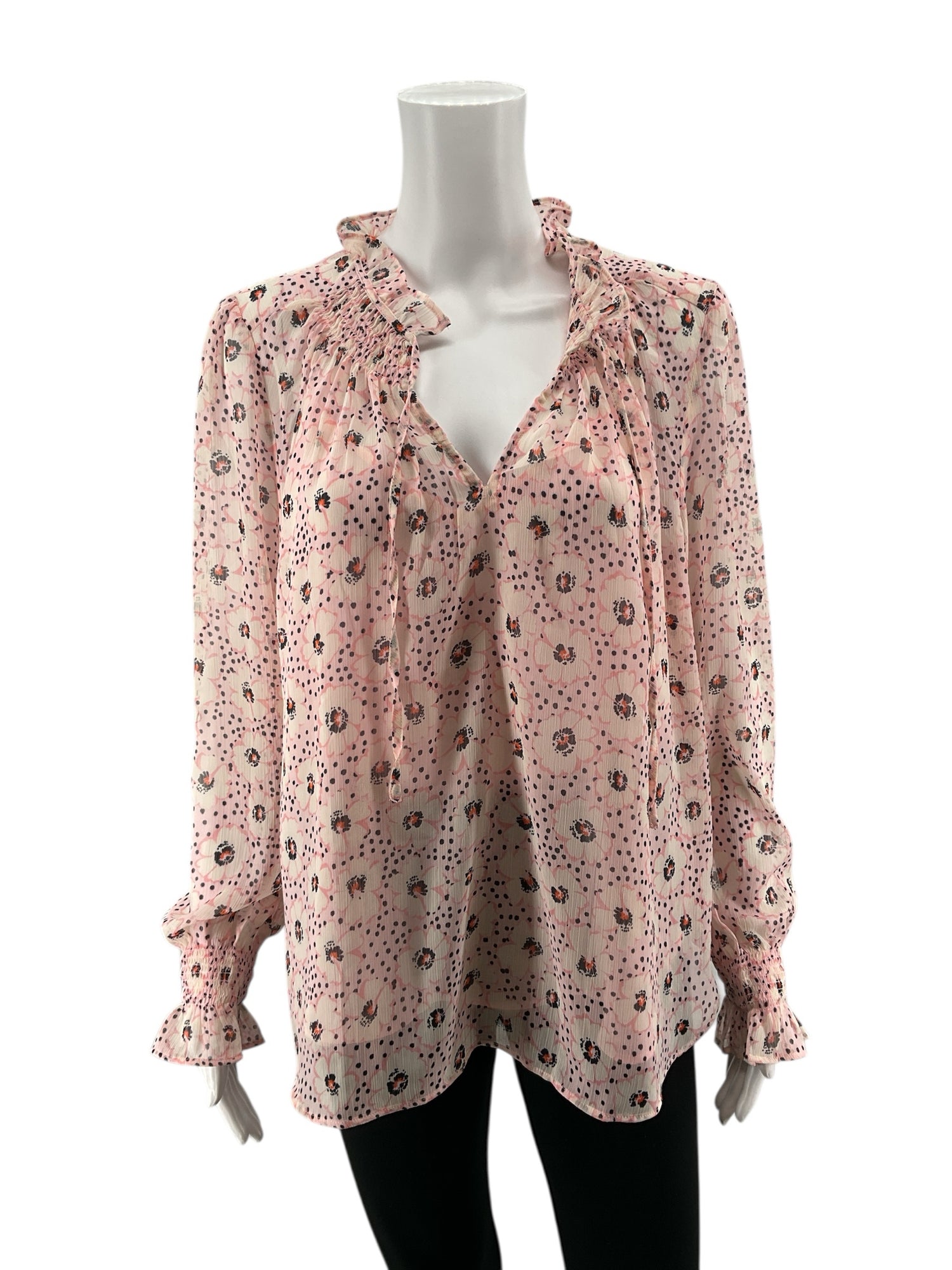 Loft white/pink/brown Long Sleeve Floral Smocked Tie Neck Blouse White Pink NWT Ladies Top Size Large - Size L