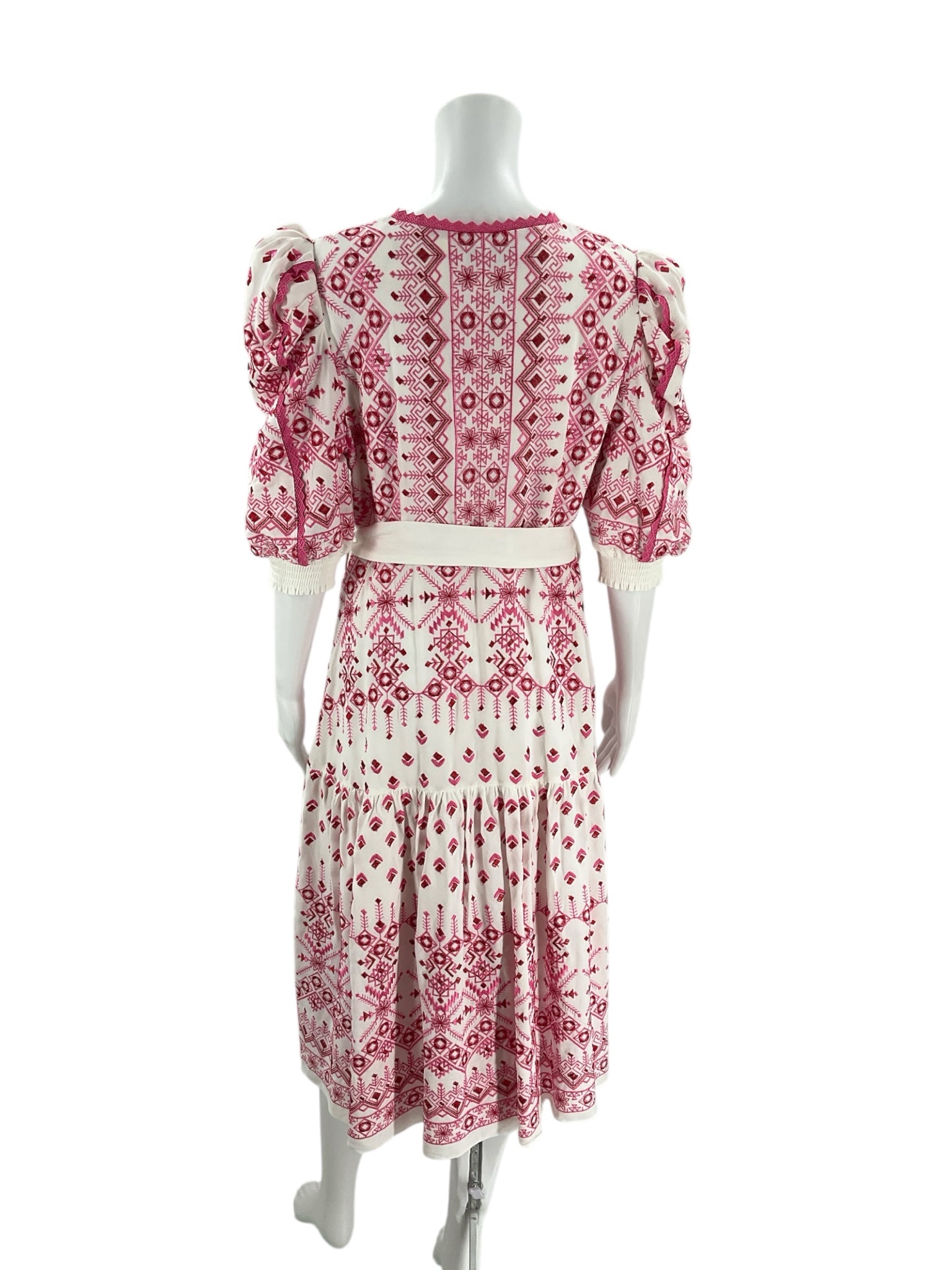 Back view of Hale Bob White/Pink Print Dress - Size Large showcasing intricate pink embroidery and tiered skirt, ideal for vacation style.