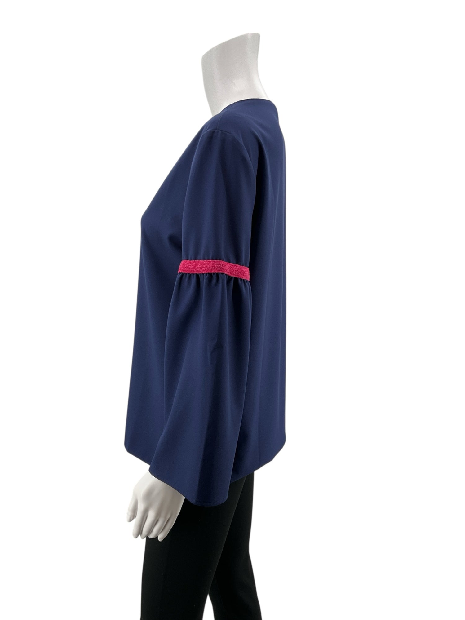 Vilagallo Navy/Pink 3/4 Sleeve Navy Blue Bell Sleeve Top with Fuchsia Pink Ribbon Detail Size Medium - Size M