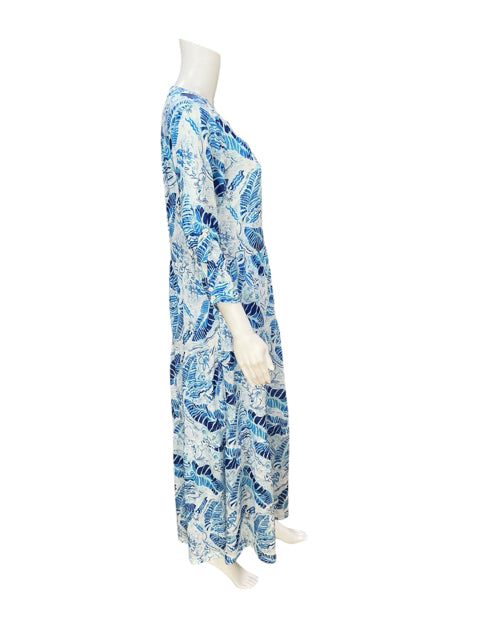 Tango Mango Blue Leaf Print Tiered Shirt Dress Petite Small - ONLY ONLINE