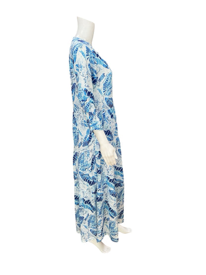 Tango Mango Blue Leaf Print Tiered Shirt Dress Petite Small - ONLY ONLINE