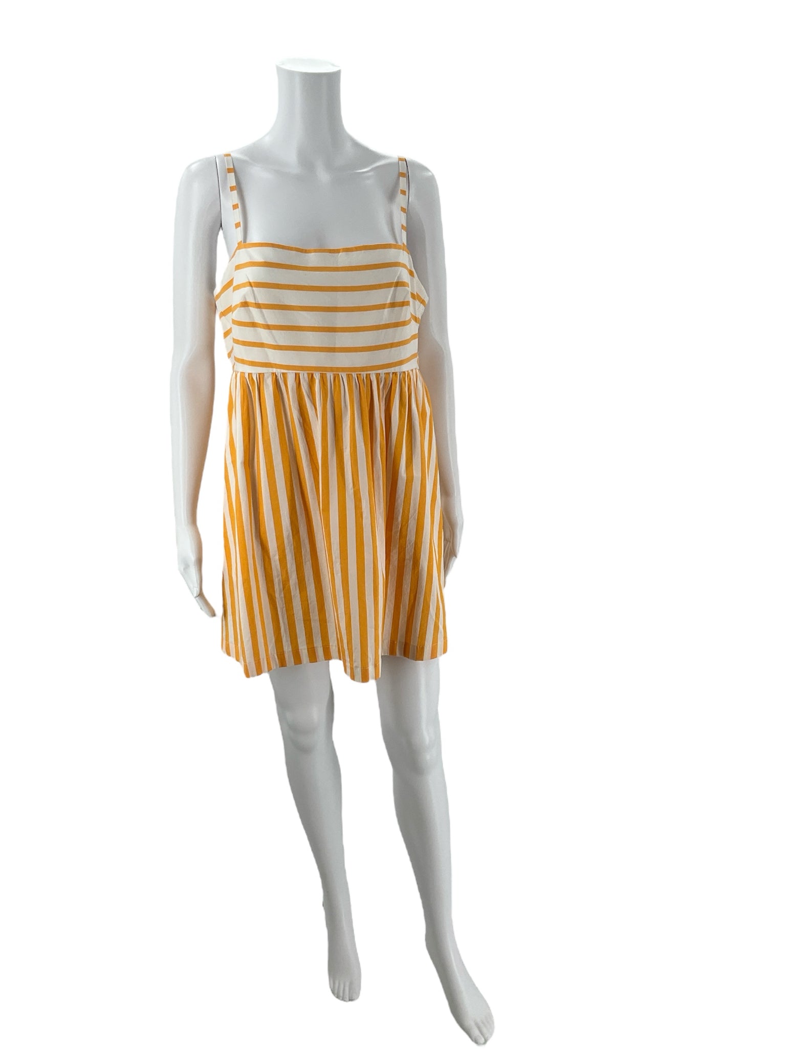 J Crew White/Orange Stripe Dress Size 12 with fitted bodice and flared skirt, ideal for pre-owned summer style fashion.