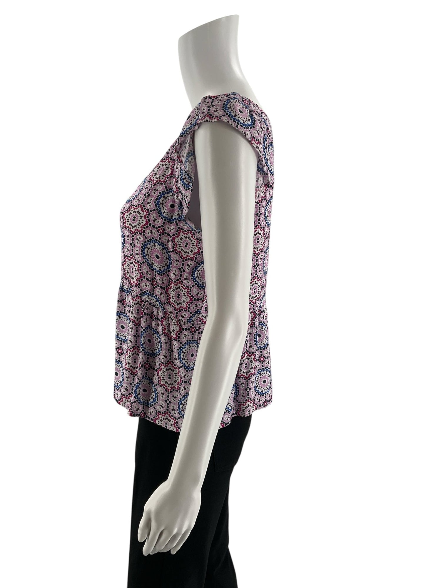 Loft lilac and multi print peplum top with flutter sleeves and V-neck in size small petite.