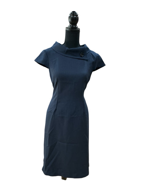 Karin Stevens Navy Blue Sheath Dress Asymmetrical Collar Size 6