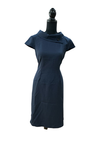 Karin Stevens Navy Blue Sheath Dress Asymmetrical Collar Size 6