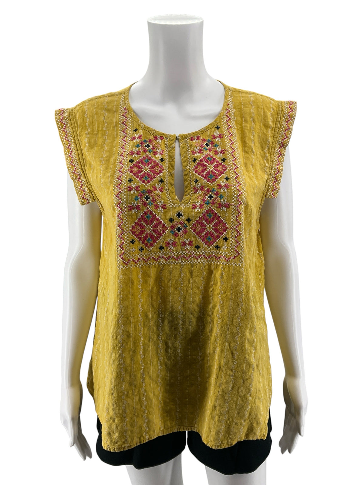 Anthropologie Dotted Stripe Embroidered Tunic Top Size Large Yellow Bohemian - ONLINE ONLY