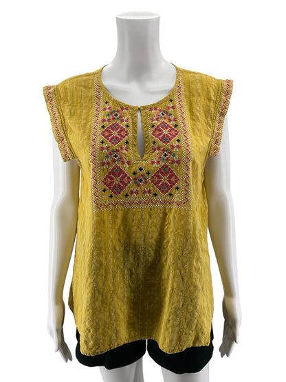 Anthropologie Dotted Stripe Embroidered Tunic Top Size Large Yellow Bohemian - ONLINE ONLY