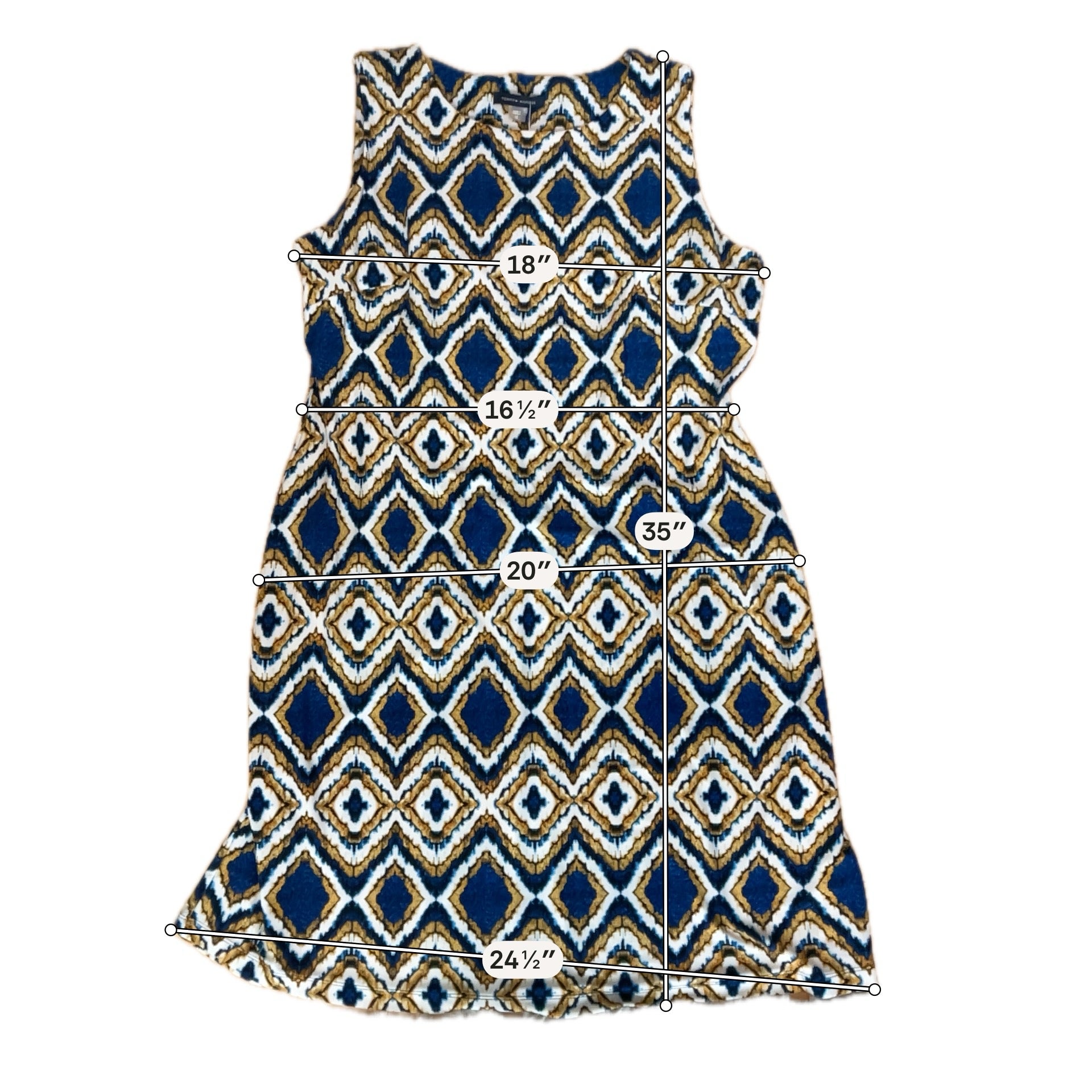 Tommy Hilfiger Blue &amp; Gold Geometric Diamond Print Sleeveless Shift Dress | Size 12