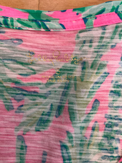 Lilly Pulitzer Etta V-Neck Tee Top S Pink Multi Sink Or Swim Palm Print