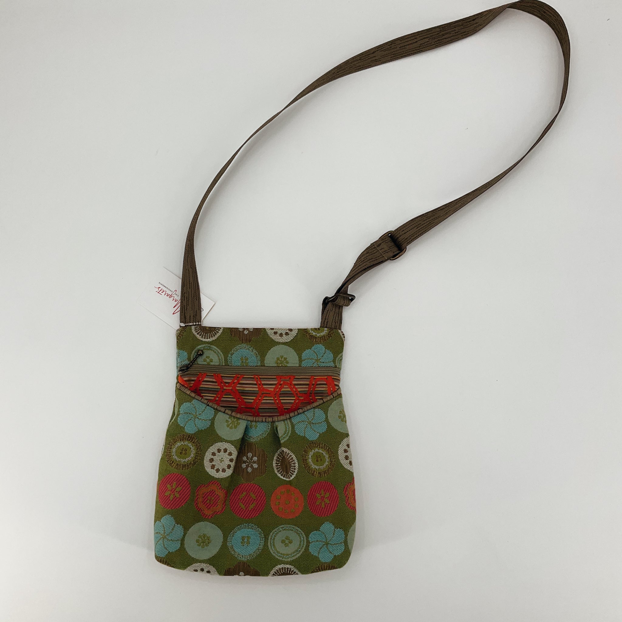Mary Kay Circle Print Crossbody Bag Green Canvas Pleated Purse