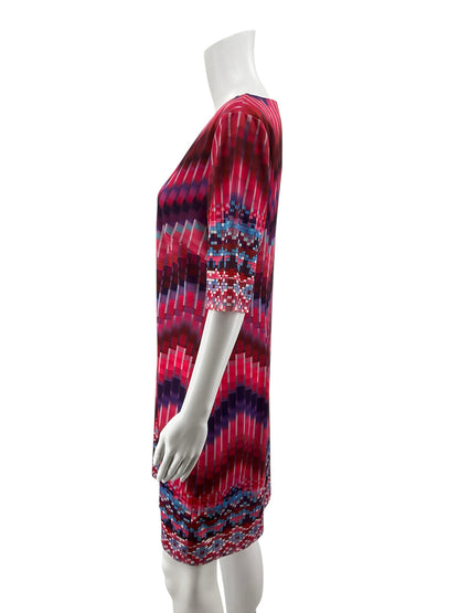 Aryeh Abstract Pixel Print Shift Dress Size Large | Pink Blue Geometric Stretch Knit