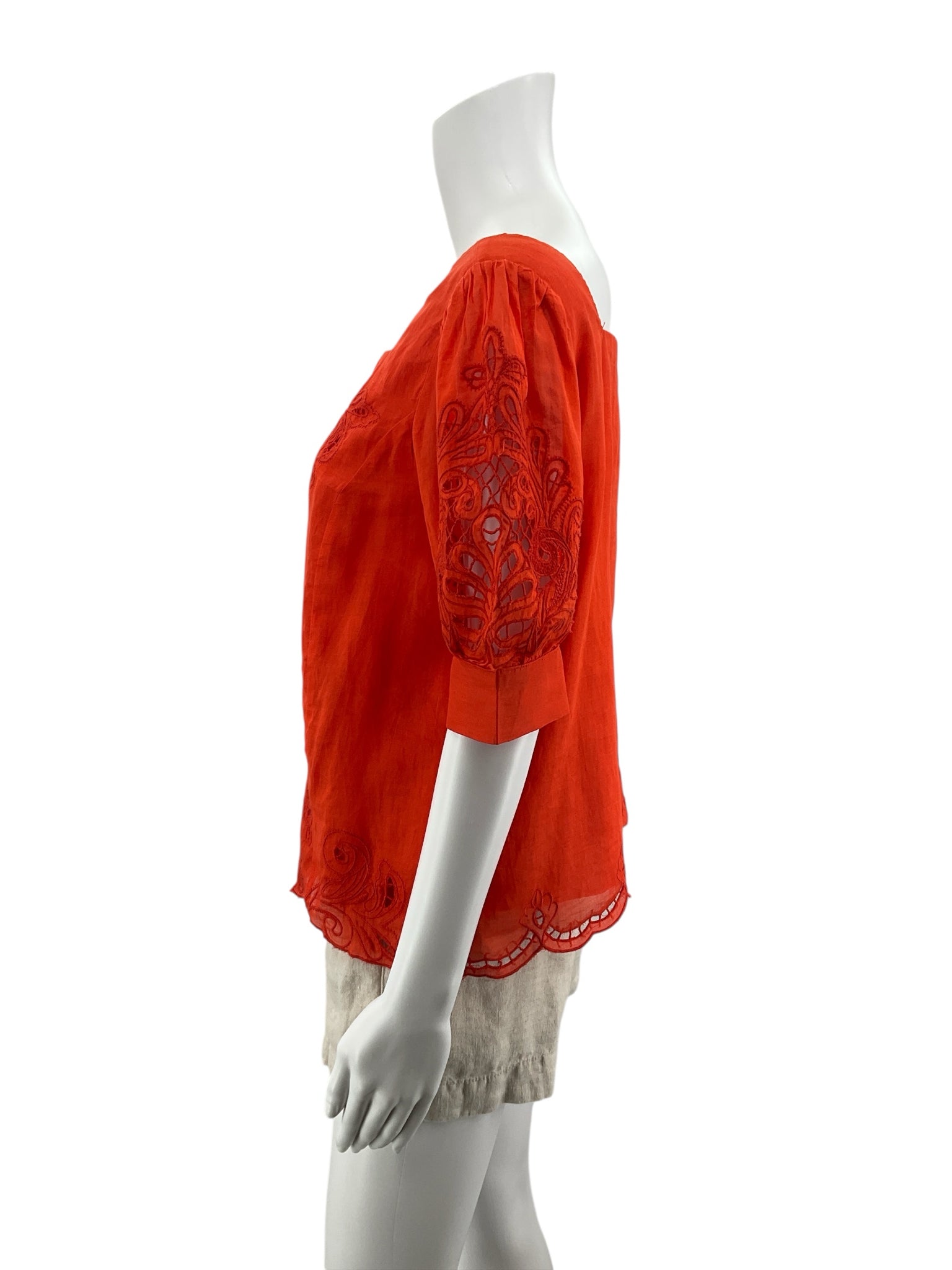 Anthropologie Orange Embroidered Scalloped Hem Cotton Blouse Size XS