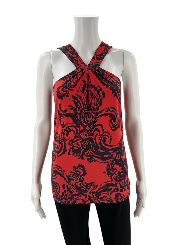 Front view of The Limited Coral/Navy Print Pre-Owned Ladies Halter Top - Size XS, shown on mannequin with abstract print and twist neckline.