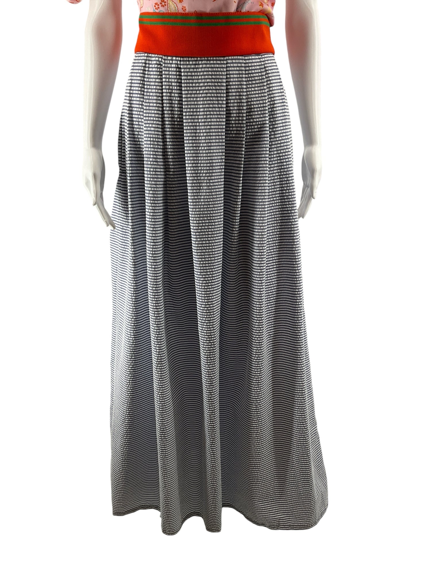 Henry Ferrera Striped Seersucker Maxi Skirt with Orange Waistband Size 1