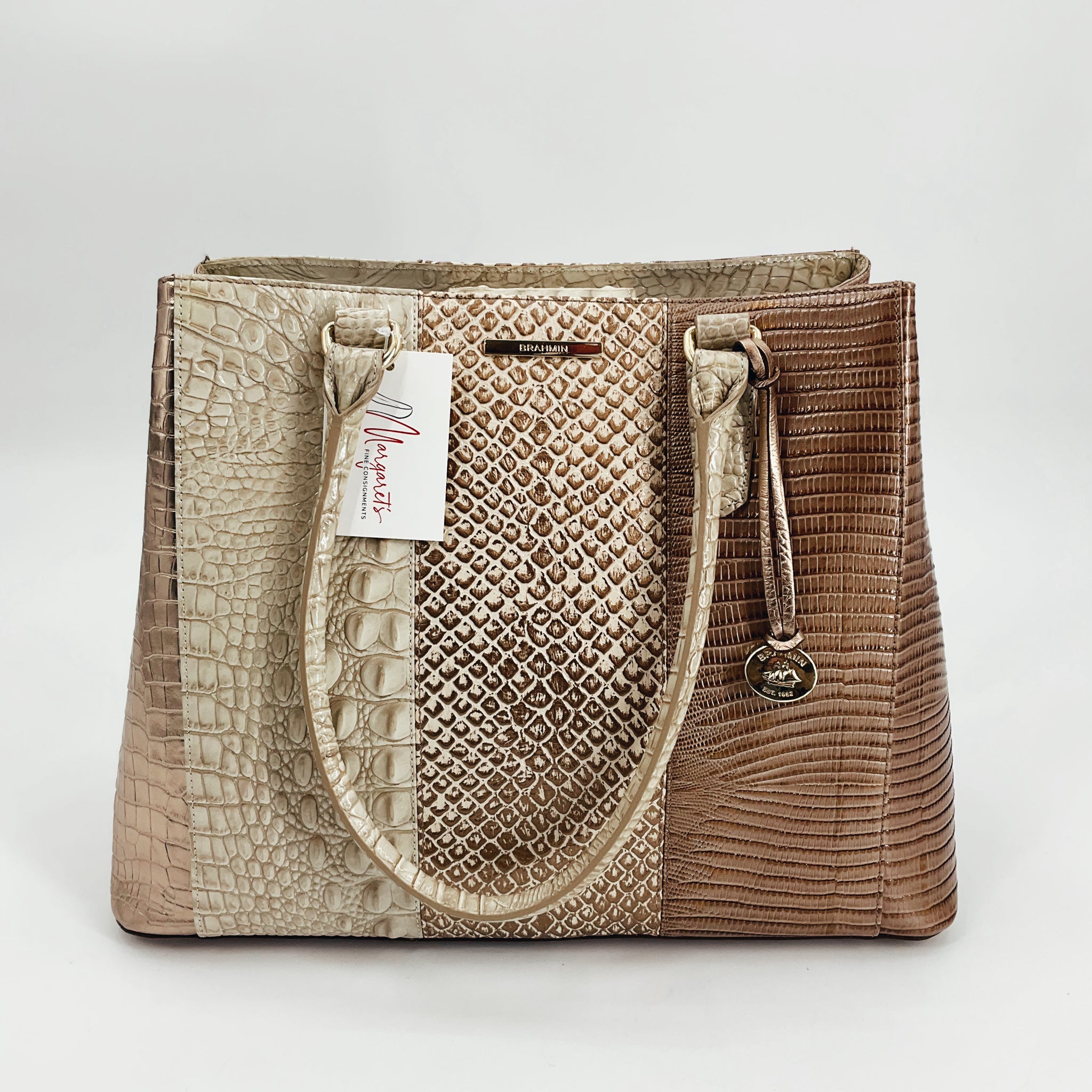 Brahmin Tan Crocodile Handbag in cream and taupe tones with textured leather and dual handles, pre-owned and available at Margaret’s Fine Consignment.
