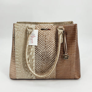 Brahmin Tan Crocodile Handbag in cream and taupe tones with textured leather and dual handles, pre-owned and available at Margaret’s Fine Consignment.