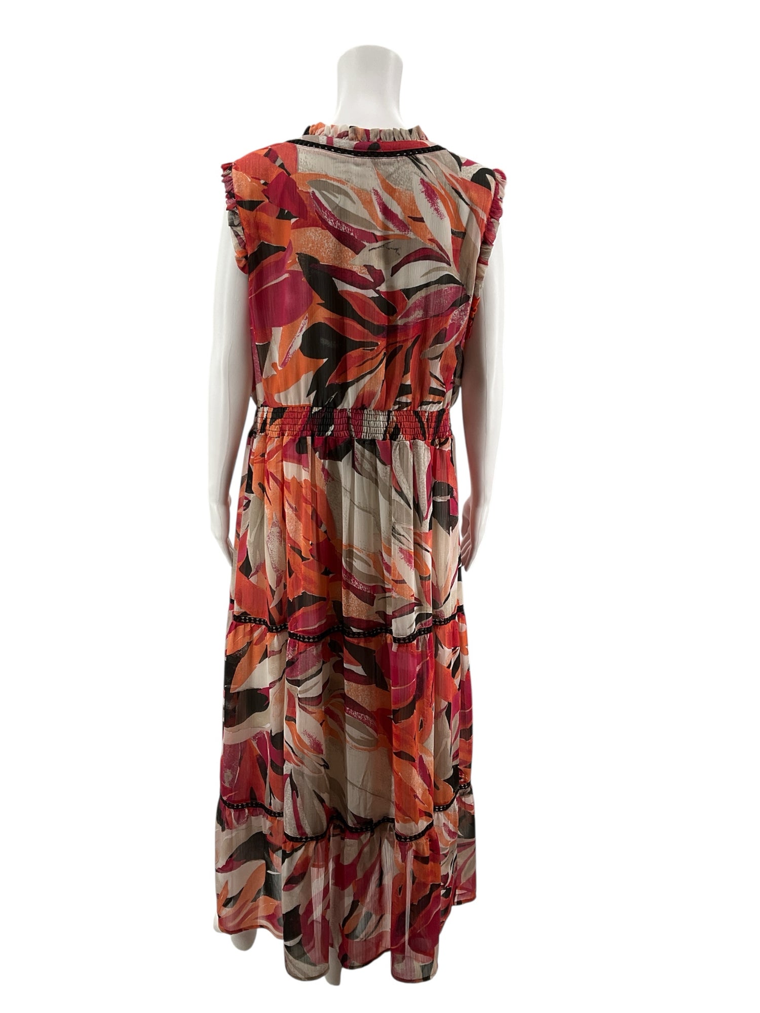 John Paul Richard tan/coral/pink Maxi Tropical Floral Ruffle Trim Maxi Dress Size Large - Size L