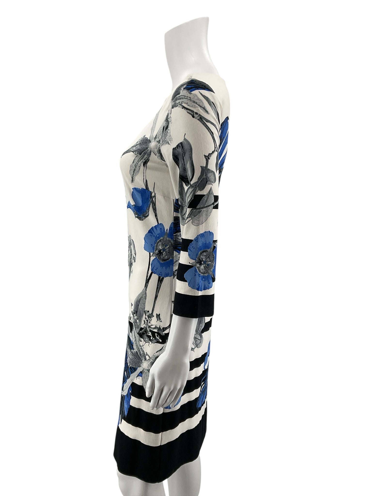 Cartise Floral &amp; Stripe 3/4 Sleeve Shift Dress Blue White Black Size 4