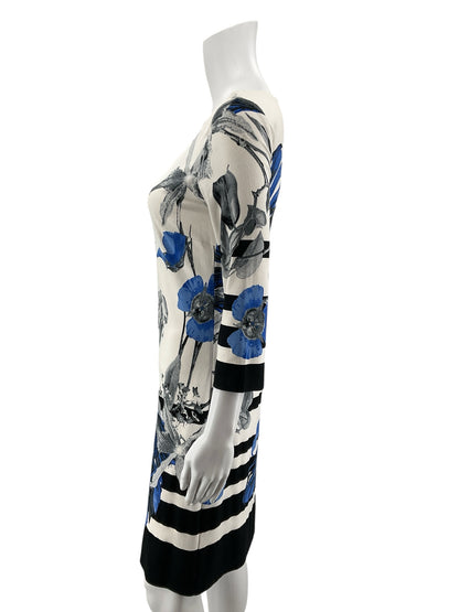 Cartise Floral &amp; Stripe 3/4 Sleeve Shift Dress Blue White Black Size 4