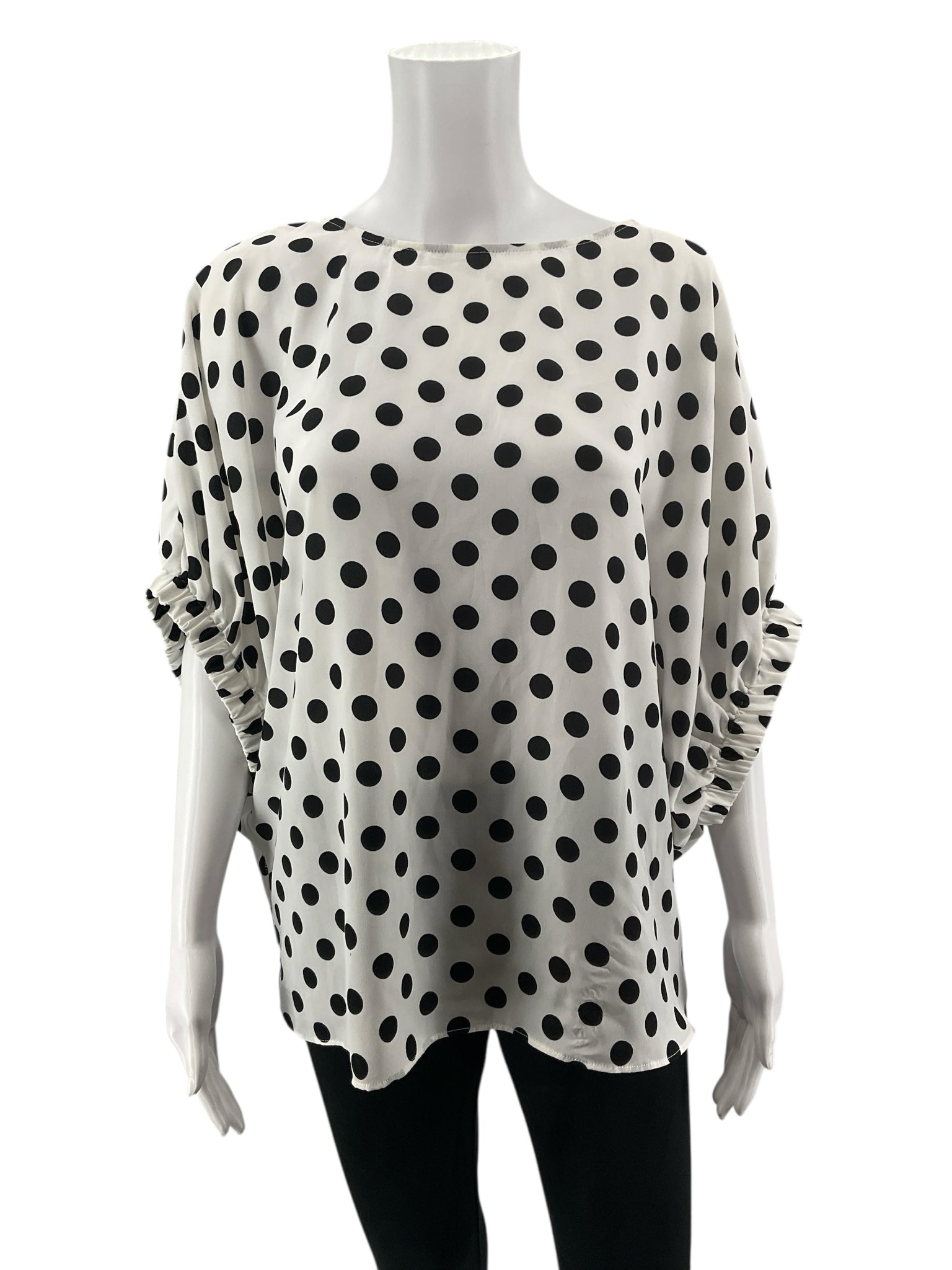 Soprano Polka Dot Ruched Sleeve Blouse White Black NWT Size Medium