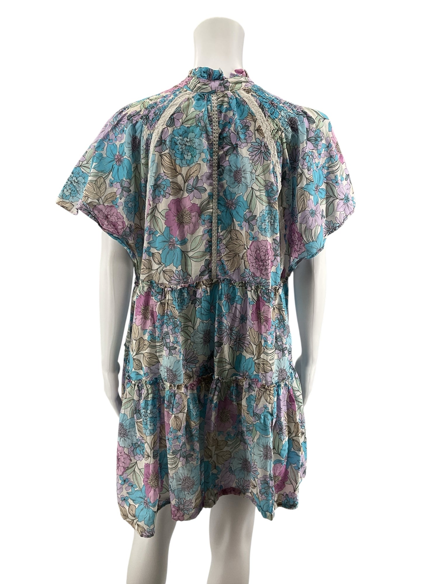 Karlie Floral Smocked Tiered Mini Dress Blue Purple Ruffle Tie Neck Size Large
