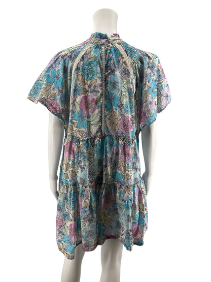Karlie Floral Smocked Tiered Mini Dress Blue Purple Ruffle Tie Neck Size Large