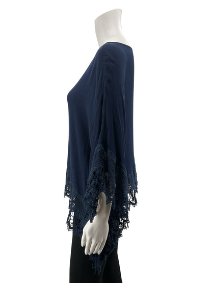 Katja Navy Blue Lace Poncho Top Boho Handkerchief Hem Blouse Size 2XL