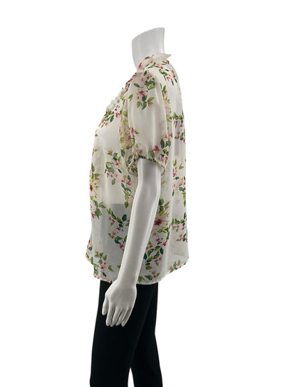 Eva Mendes for New York &amp; Company white/green/pink Short Sleeve Floral Ruffle Tie-Neck Blouse Size Medium NWT - Size M