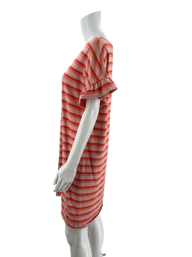 Side profile of Lands' End coral striped t-shirt dress with short ruffle sleeves, shown on mannequin, size M.