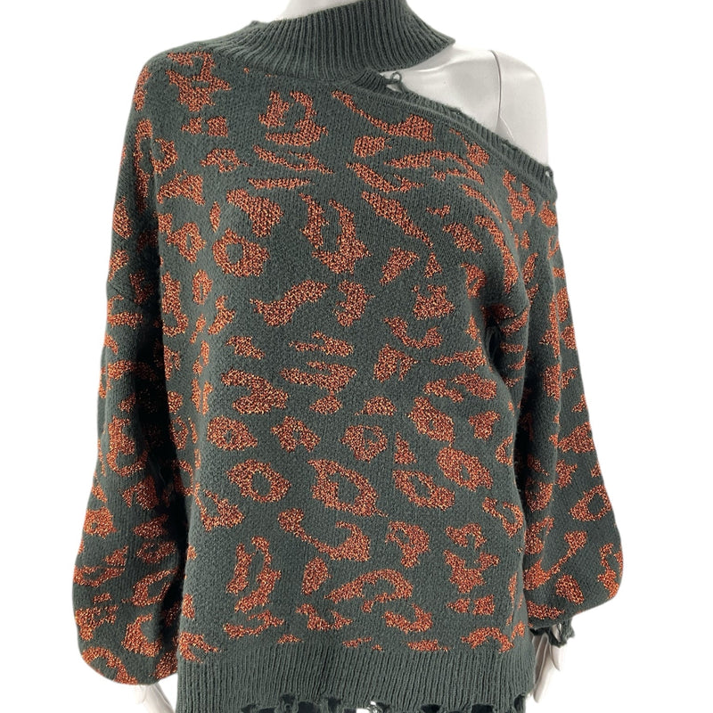 Entro Gray/Copper Print Top in size large with asymmetrical neckline and metallic leopard pattern, ideal for chic casual wear.