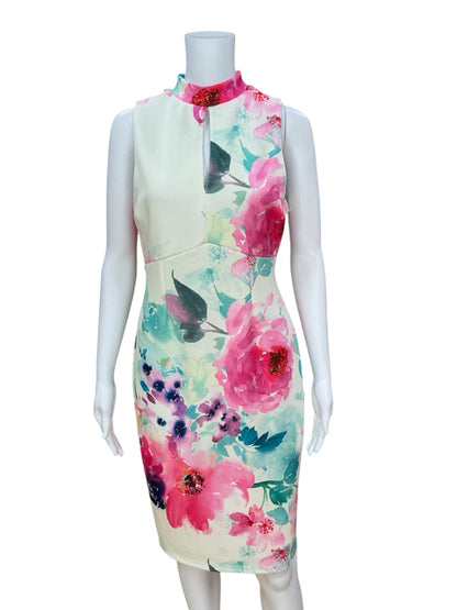 NY &amp; Company White/Pink/Green Sheath Floral Mock Neck Sheath Dress Women&