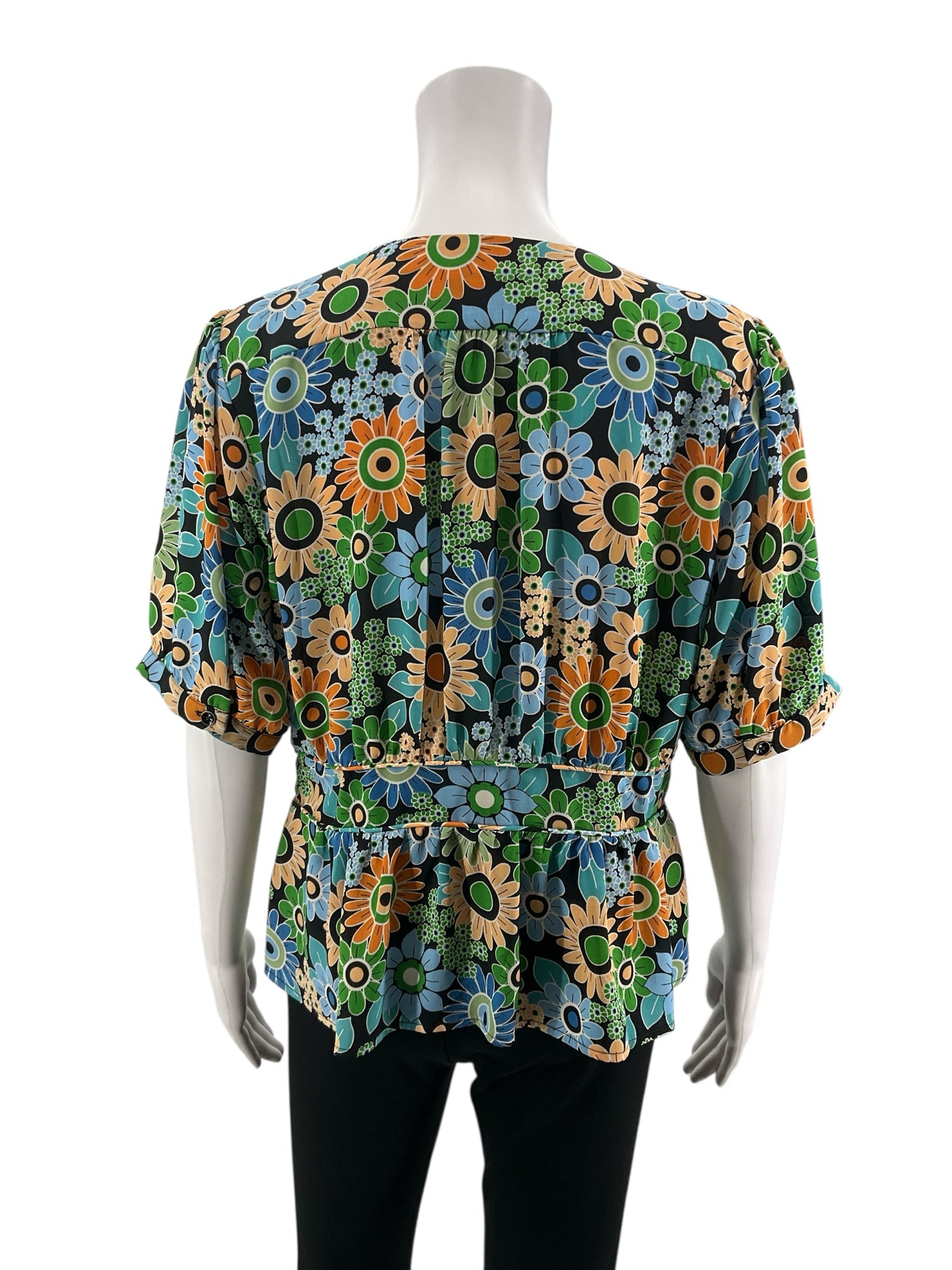 cabi blue/orange/green Peplum Heirloom Blouse Retro Floral Peplum V-Neck Top Size Medium - Size M