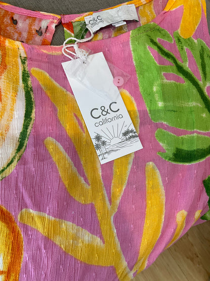C&amp;C California Pink/Orange/Green Sleeveless Tropical Fruit Print Crop Tank Top Size Large NWT - Size L