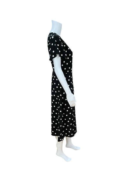 Leith Black &amp; White Polka Dot Faux Wrap Midi Dress Size Medium - ONLINE ONLY