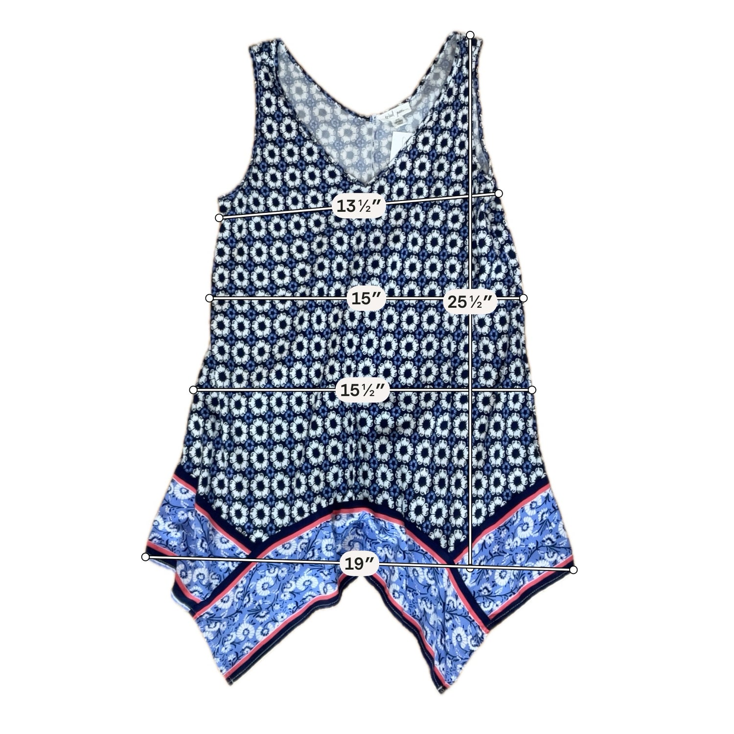 Tribal Medallion Print Handkerchief Hem Tank Top Blue White PS