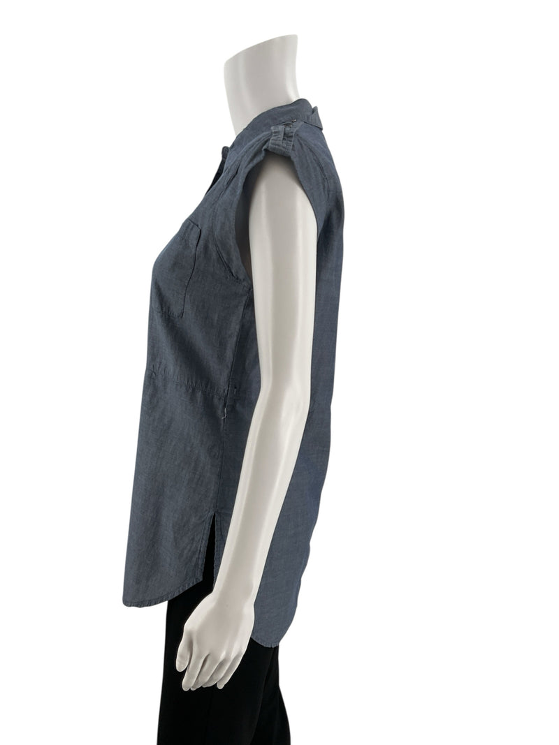 Side profile of Workshop Blue Solid Pre-Owned Ladies Top - Size Small. Shows sleeveless cut, side slit, and shoulder epaulet detail.