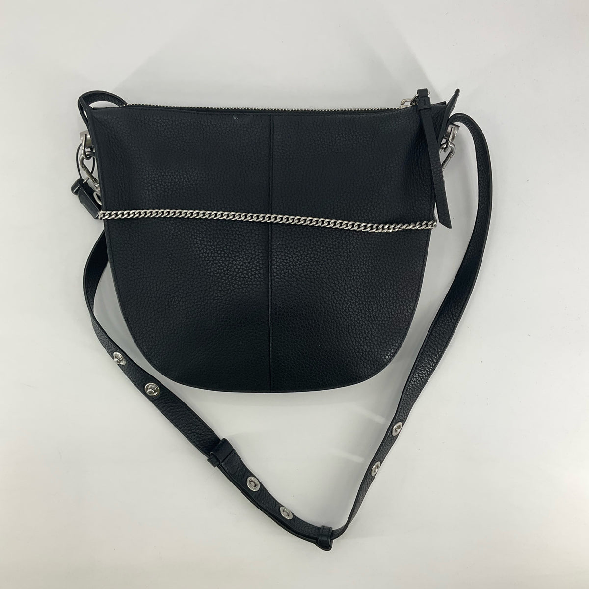 All Saints Kita Black Pebbled Leather Half Moon Crossbody Bag | Chain Detail