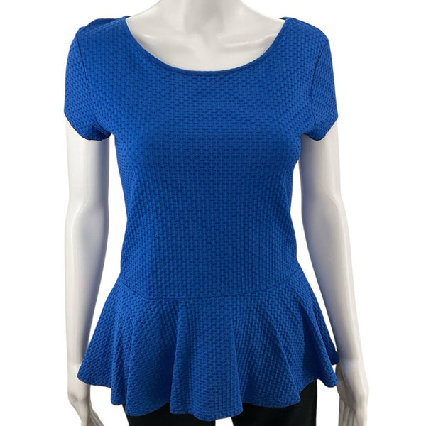Front view of Loft Top Size Small in textured royal blue with peplum hem, gently used and sold by Margaret’s Fine Consignments.
