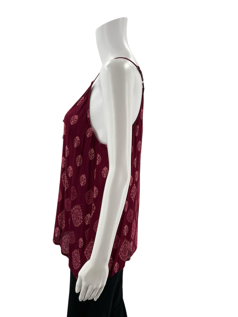 Side profile of Luq maroon/pink medallion print tank top on mannequin, showing lightweight rayon fabric and casual summer silhouette.