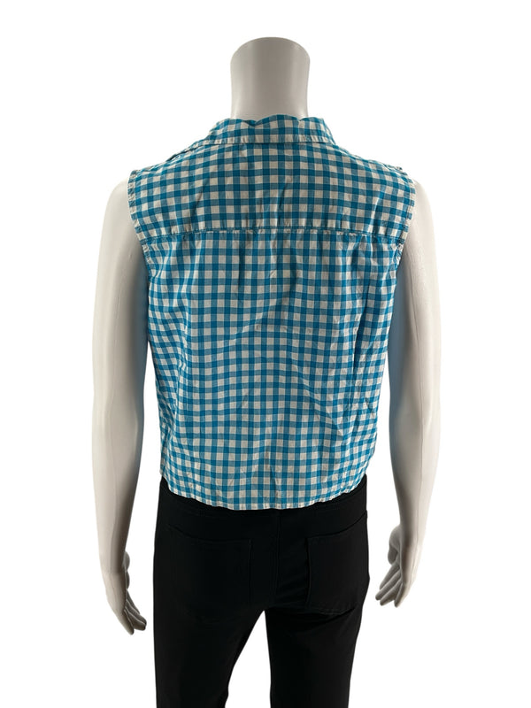 Ralph Lauren White/Turquoise Checkered Pre-Owned Ladies Top - Size Medium Petite