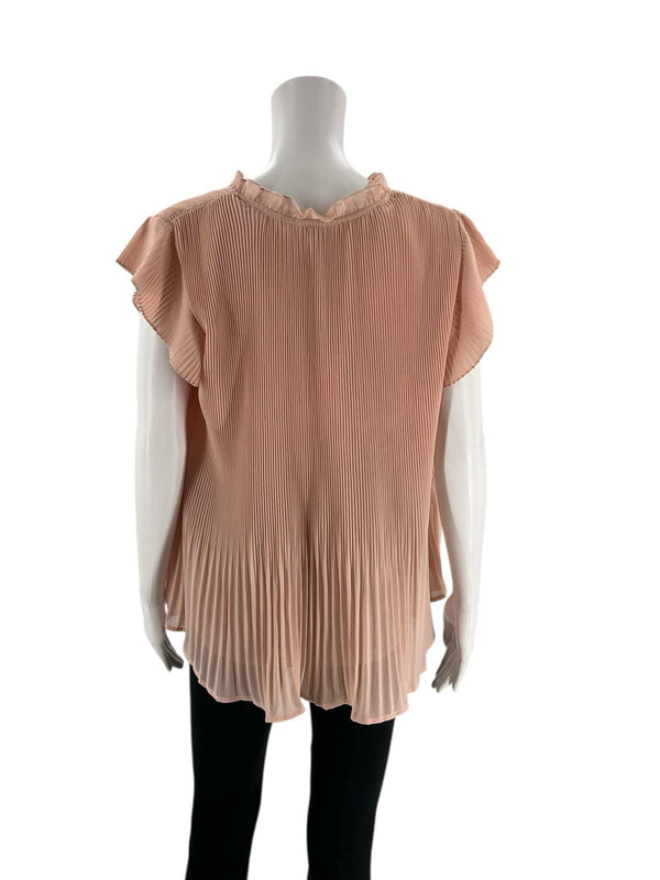 Back view of Voy Pink Ruffle Top - Size Small showing pleated design and ruffled neckline, pre-owned with tags from Margaret's Fine Consignments.