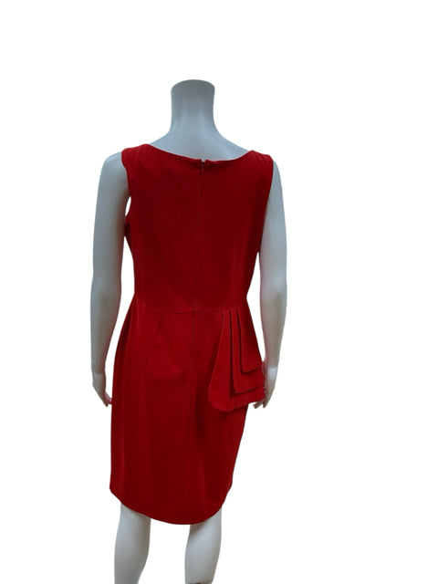 Back view of Venus Red Solid Pre-Owned Ladies Dress - Size 10 on mannequin, highlighting zip closure and continuation of ruffle detail.
